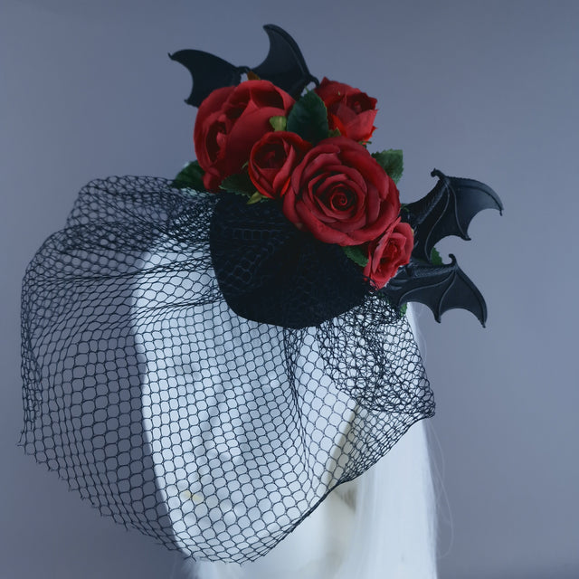 "Dade" Bat Wing & Red Rose Veil Headdress