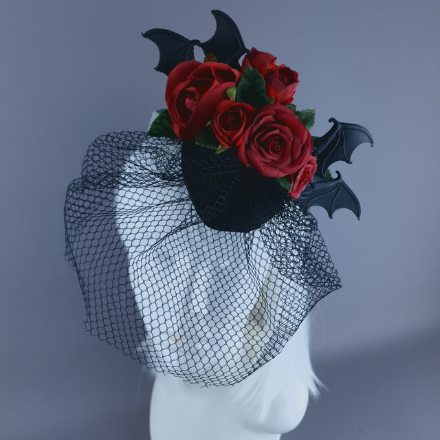 "Dade" Bat Wing & Red Rose Veil Headdress