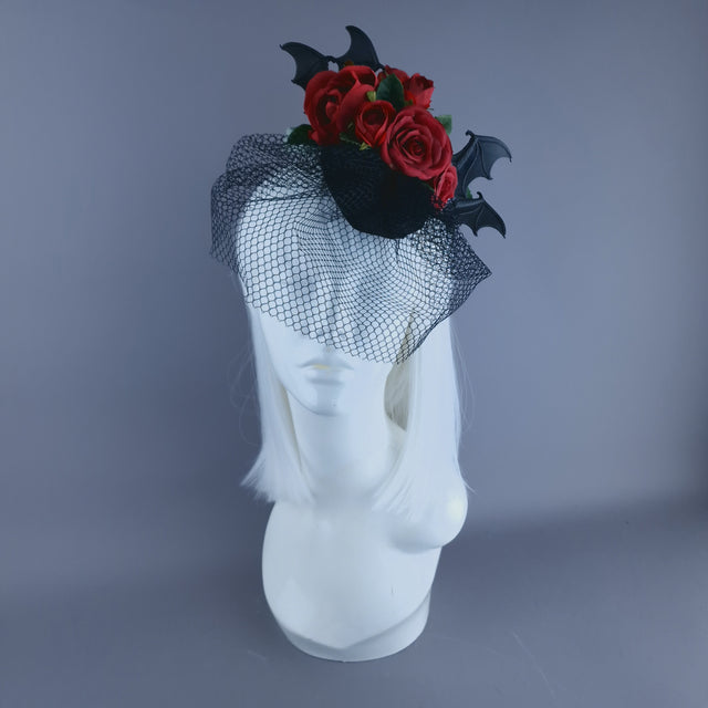 "Dade" Bat Wing & Red Rose Veil Headdress