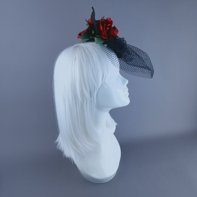"Dade" Bat Wing & Red Rose Veil Headdress