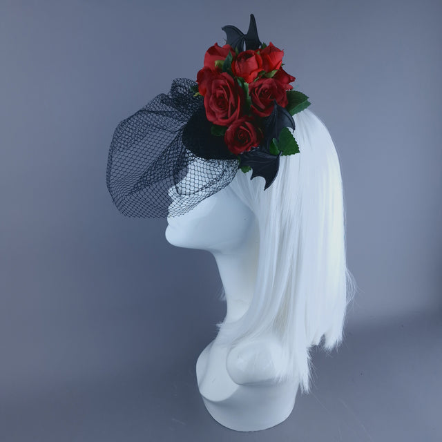 "Dade" Bat Wing & Red Rose Veil Headdress