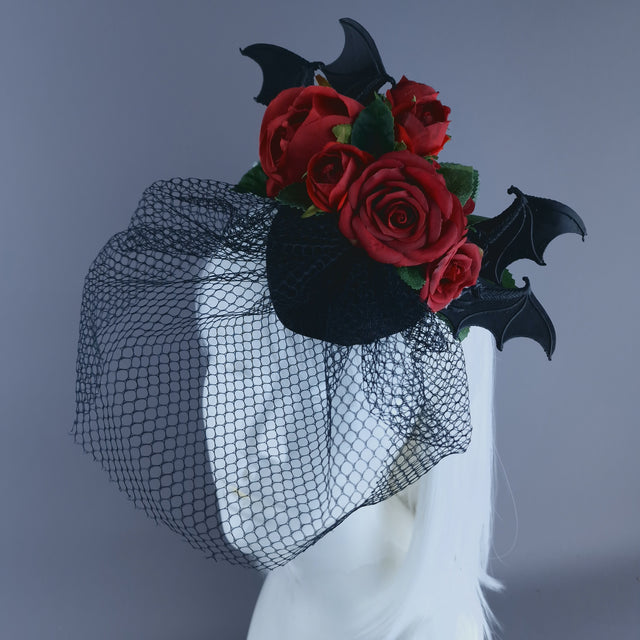 "Dade" Bat Wing & Red Rose Veil Headdress