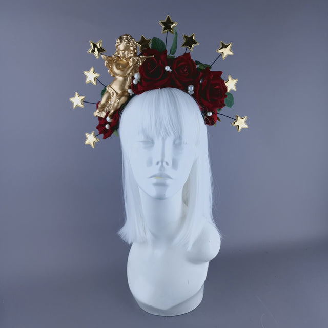 "Sanctissima" Red Rose, Pearls, Star Halo & Gold Cherub Headdress