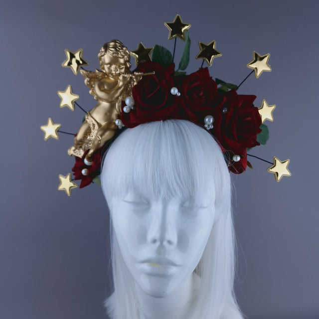 "Sanctissima" Red Rose, Pearls, Star Halo & Gold Cherub Headdress
