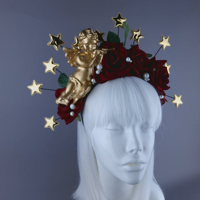 "Sanctissima" Red Rose, Pearls, Star Halo & Gold Cherub Headdress