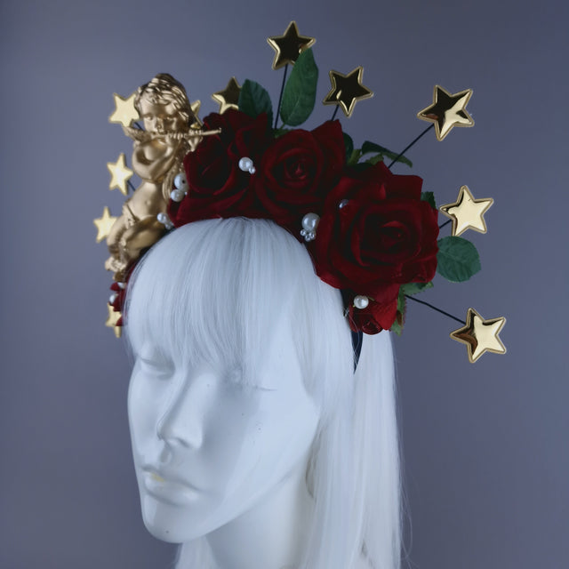 "Sanctissima" Red Rose, Pearls, Star Halo & Gold Cherub Headdress