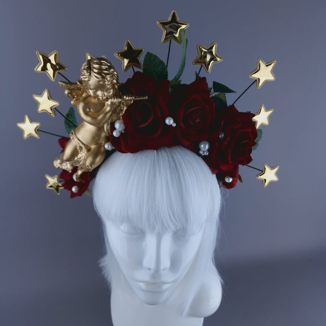 "Sanctissima" Red Rose, Pearls, Star Halo & Gold Cherub Headdress