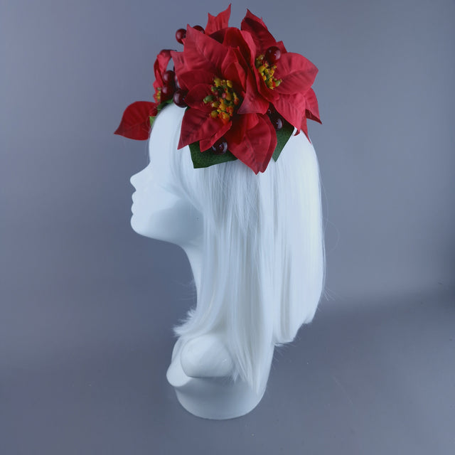 Red Poinsettia & Berries Vintage Style Xmas Headdress