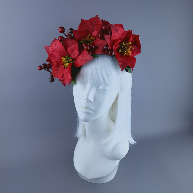 Red Poinsettia & Berries Vintage Style Xmas Headdress