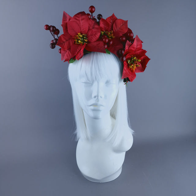Red Poinsettia & Berries Vintage Style Xmas Headdress