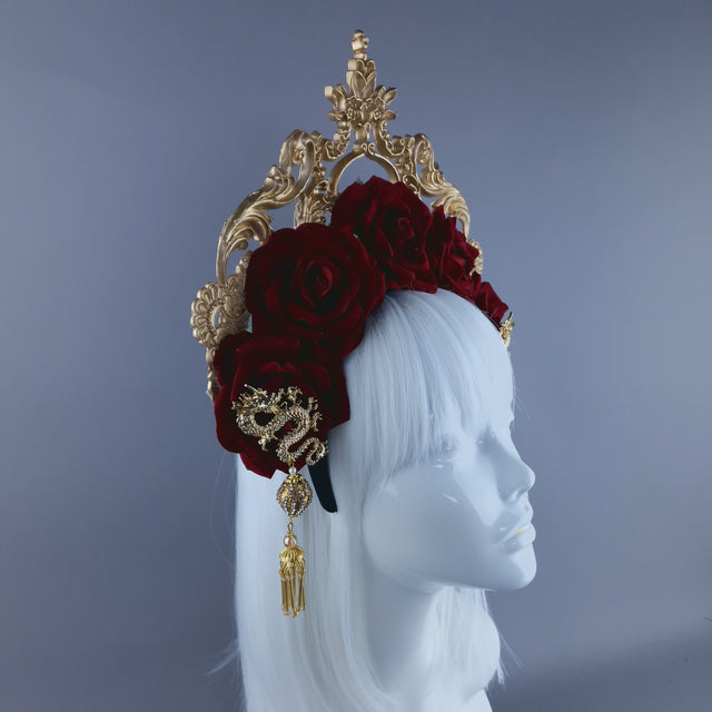 "Doryu" Red Rose, Pearls & Gold Filigree Halo Headdress