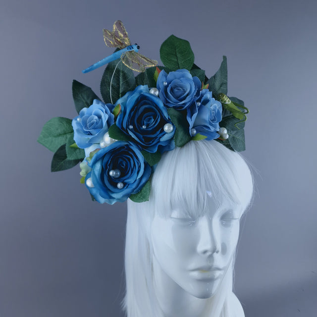 "Lulani" Blue Rose, Pearls & Insects Headdress