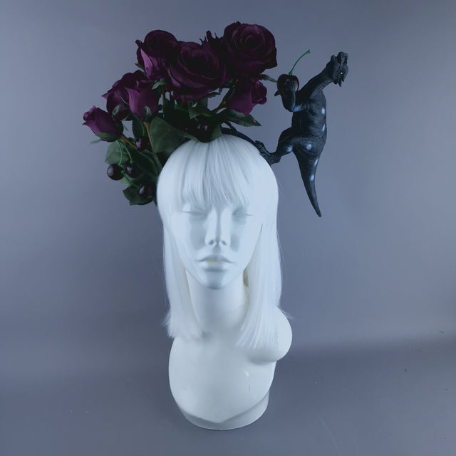 "Donia" Deep Plum Rose, Cherries and Dinosaur Headdress