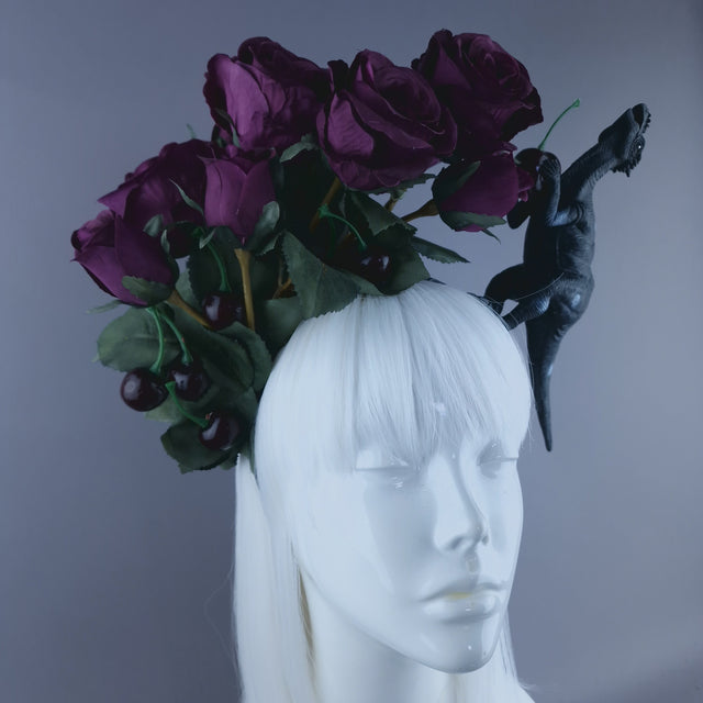 "Donia" Deep Plum Rose, Cherries and Dinosaur Headdress