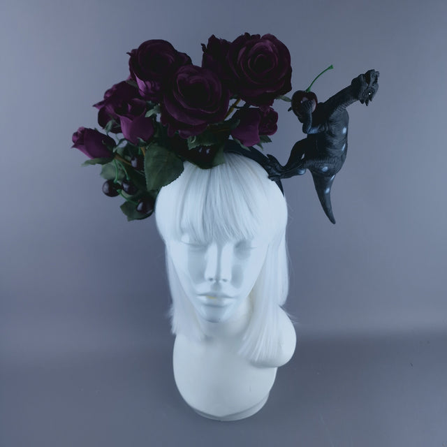 "Donia" Deep Plum Rose, Cherries and Dinosaur Headdress