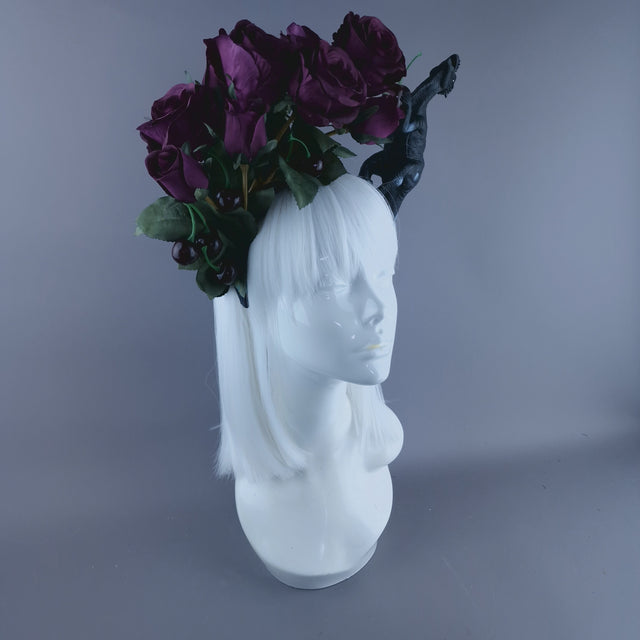 "Donia" Deep Plum Rose, Cherries and Dinosaur Headdress