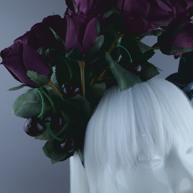 "Donia" Deep Plum Rose, Cherries and Dinosaur Headdress