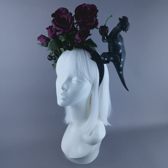"Donia" Deep Plum Rose, Cherries and Dinosaur Headdress