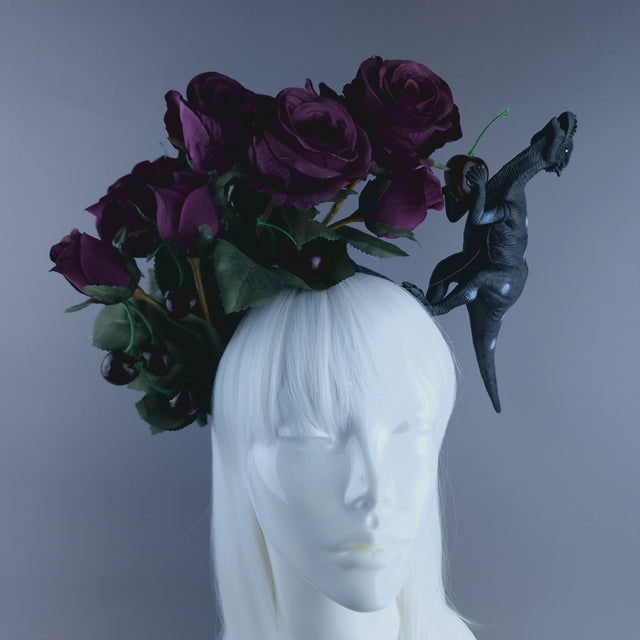 "Donia" Deep Plum Rose, Cherries and Dinosaur Headdress