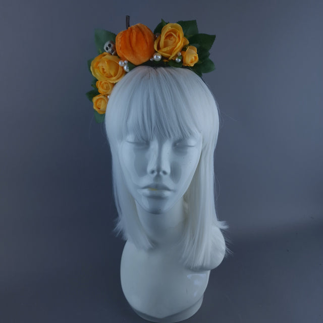 "Inclementia" Orange Pumpkin, Pearls, Skulls & Roses Headpiece