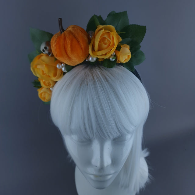 "Inclementia" Orange Pumpkin, Pearls, Skulls & Roses Headpiece