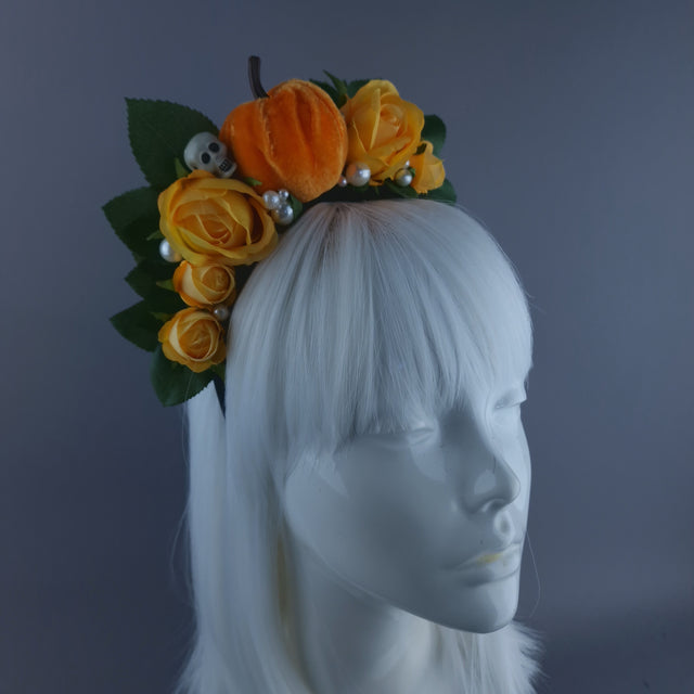 "Inclementia" Orange Pumpkin, Pearls, Skulls & Roses Headpiece