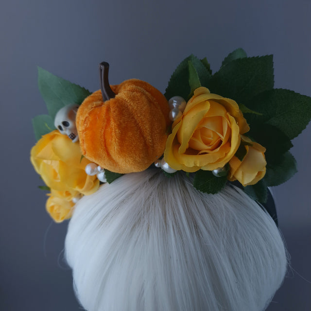 "Inclementia" Orange Pumpkin, Pearls, Skulls & Roses Headpiece