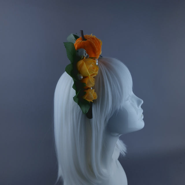 "Inclementia" Orange Pumpkin, Pearls, Skulls & Roses Headpiece