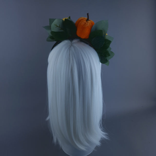 "Inclementia" Orange Pumpkin, Pearls, Skulls & Roses Headpiece