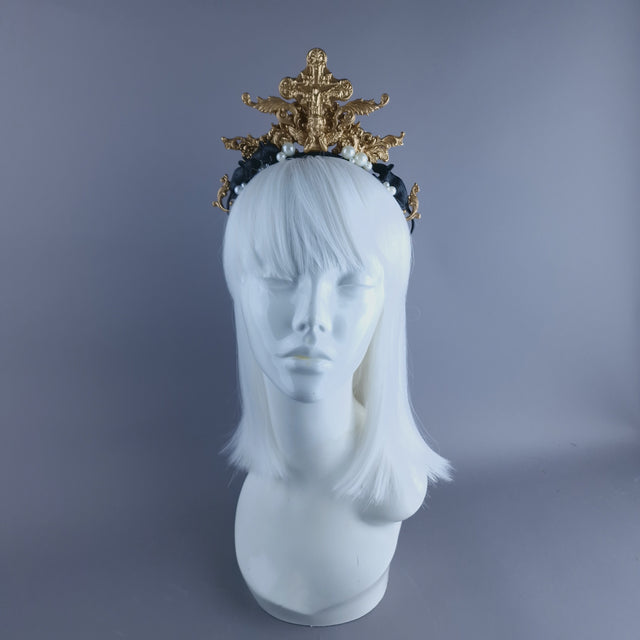 "Miu" Black Rat, Pearl & Gold Filigree Headpiece