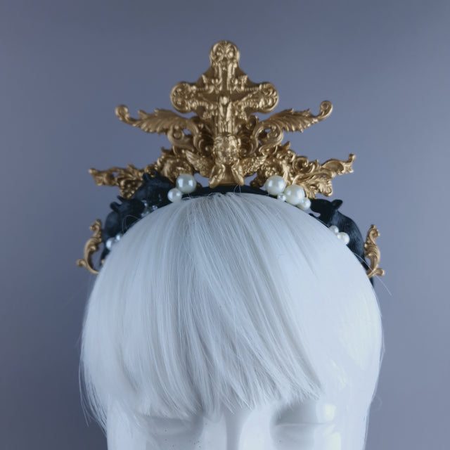 "Miu" Black Rat, Pearl & Gold Filigree Headpiece