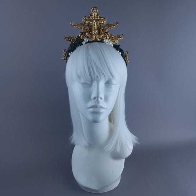 "Miu" Black Rat, Pearl & Gold Filigree Headpiece