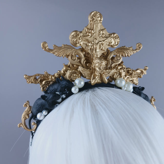 "Miu" Black Rat, Pearl & Gold Filigree Headpiece