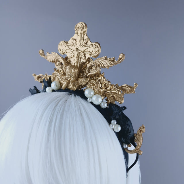"Miu" Black Rat, Pearl & Gold Filigree Headpiece