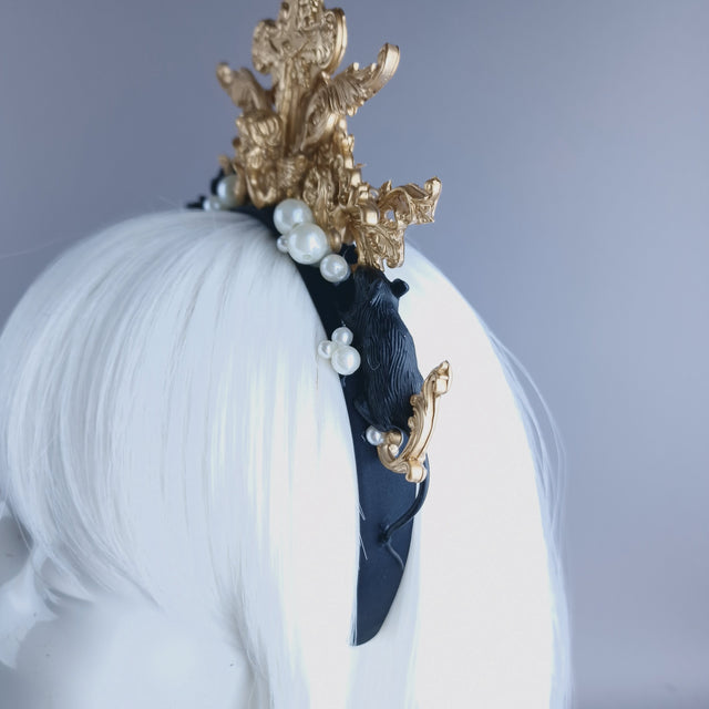 "Miu" Black Rat, Pearl & Gold Filigree Headpiece