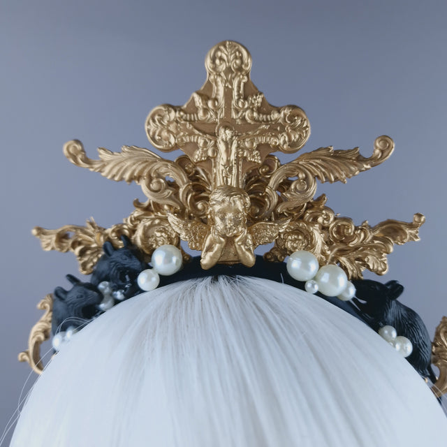 "Miu" Black Rat, Pearl & Gold Filigree Headpiece