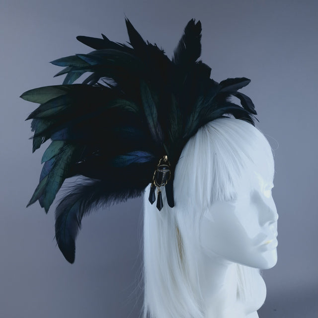 "Crow" Black Feather Headdress with Bettle Jewel