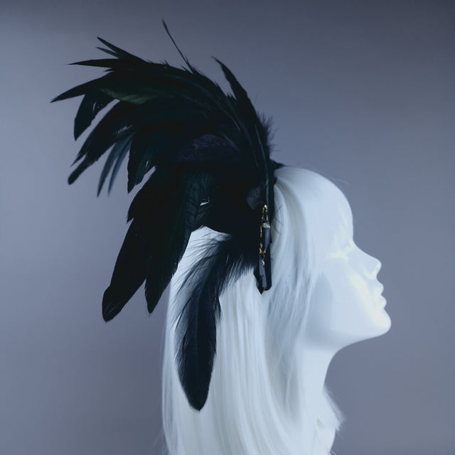 "Crow" Black Feather Headdress with Bettle Jewel