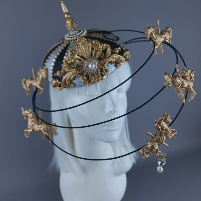 "Cirque Forever" Black, Silver & Gold Circus Carousel Wired Veil Hat