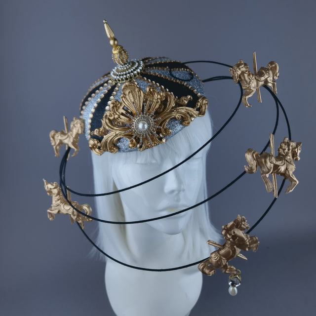 "Cirque Forever" Black, Silver & Gold Circus Carousel Wired Veil Hat
