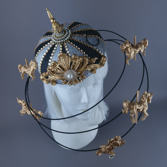 "Cirque Forever" Black, Silver & Gold Circus Carousel Wired Veil Hat