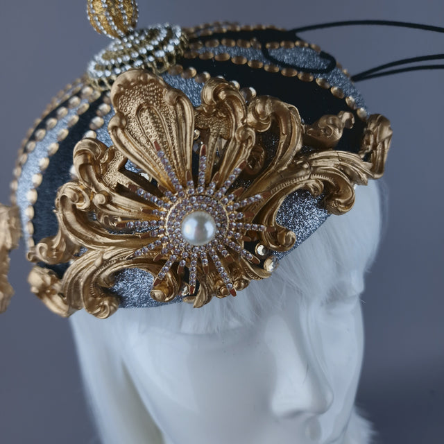 "Cirque Forever" Black, Silver & Gold Circus Carousel Wired Veil Hat