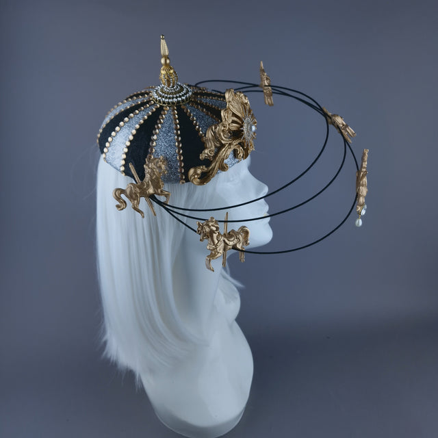 "Cirque Forever" Black, Silver & Gold Circus Carousel Wired Veil Hat
