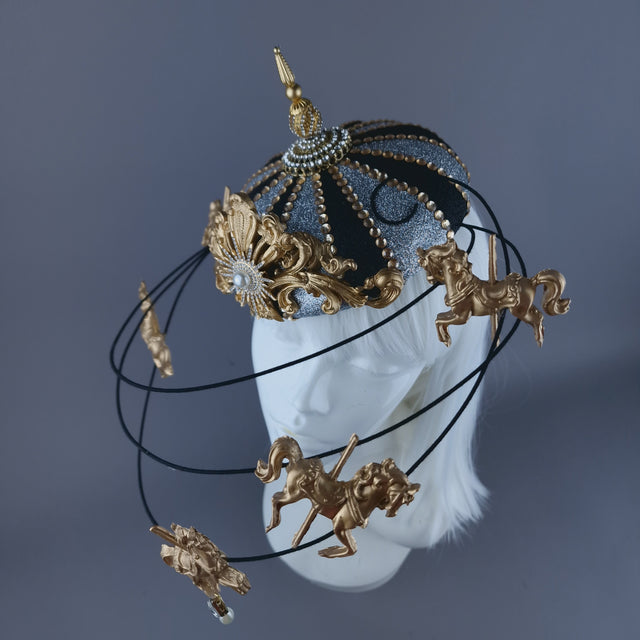 "Cirque Forever" Black, Silver & Gold Circus Carousel Wired Veil Hat