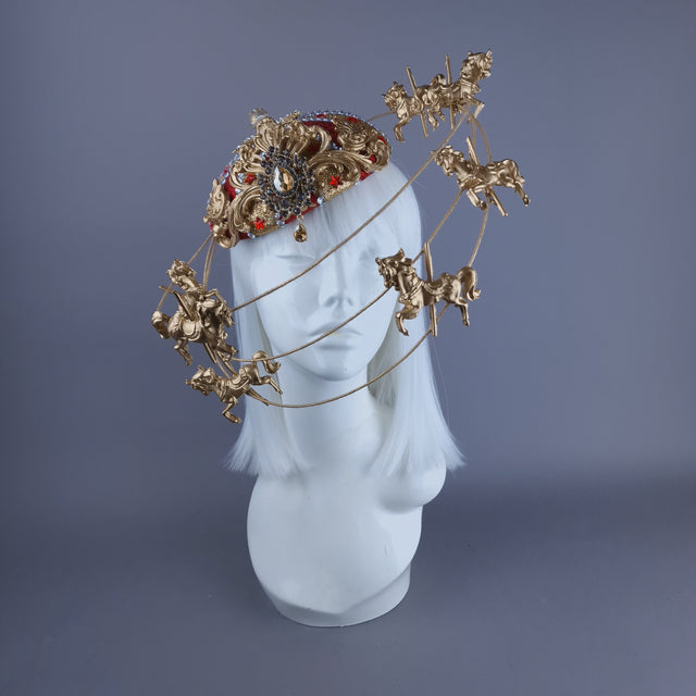 "Cirque Forever" Gold & Red Circus Carousel Wired Veil Hat