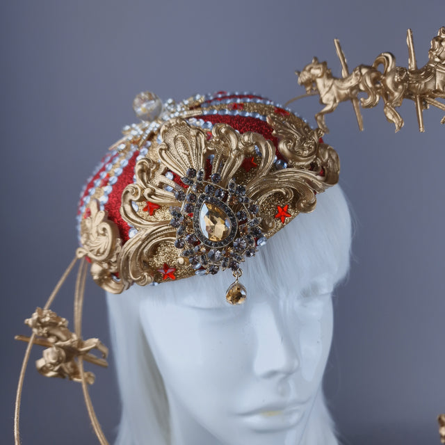 "Cirque Forever" Gold & Red Circus Carousel Wired Veil Hat