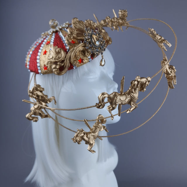 "Cirque Forever" Gold & Red Circus Carousel Wired Veil Hat