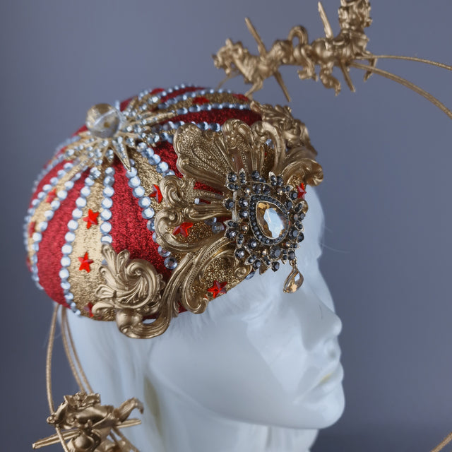"Cirque Forever" Gold & Red Circus Carousel Wired Veil Hat