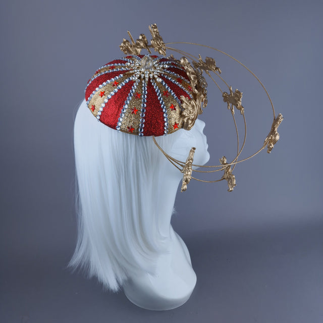 "Cirque Forever" Gold & Red Circus Carousel Wired Veil Hat