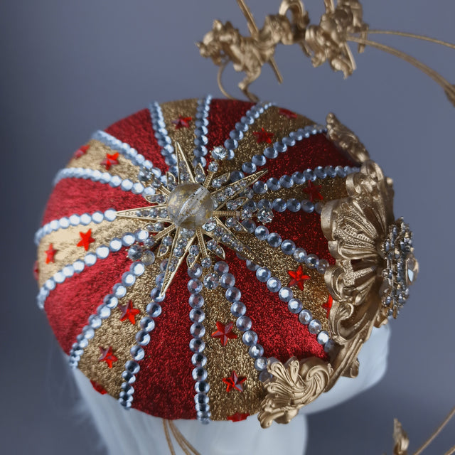 "Cirque Forever" Gold & Red Circus Carousel Wired Veil Hat